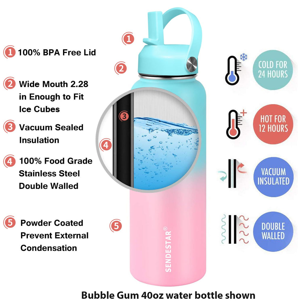 SENDESTAR Water Bottle 40oz Double Wall Vacuum Insulated Leak Proof Stainless Steel Sports Water Bottle—Wide Mouth with New Flex Straw Lid & Spout Lid (Bubble Gum)