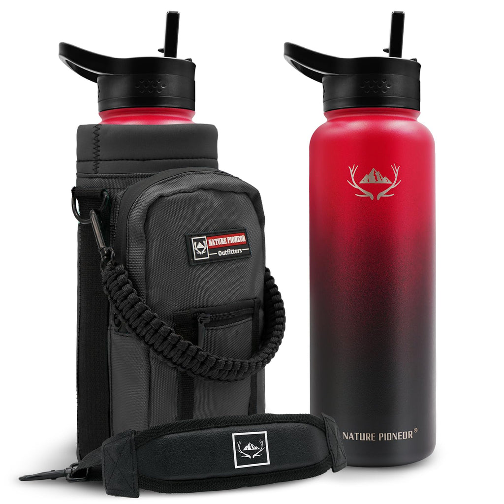 NATURE PIONEOR 40 oz Insulated Water Bottle with Carrier Bag & 3 Lids