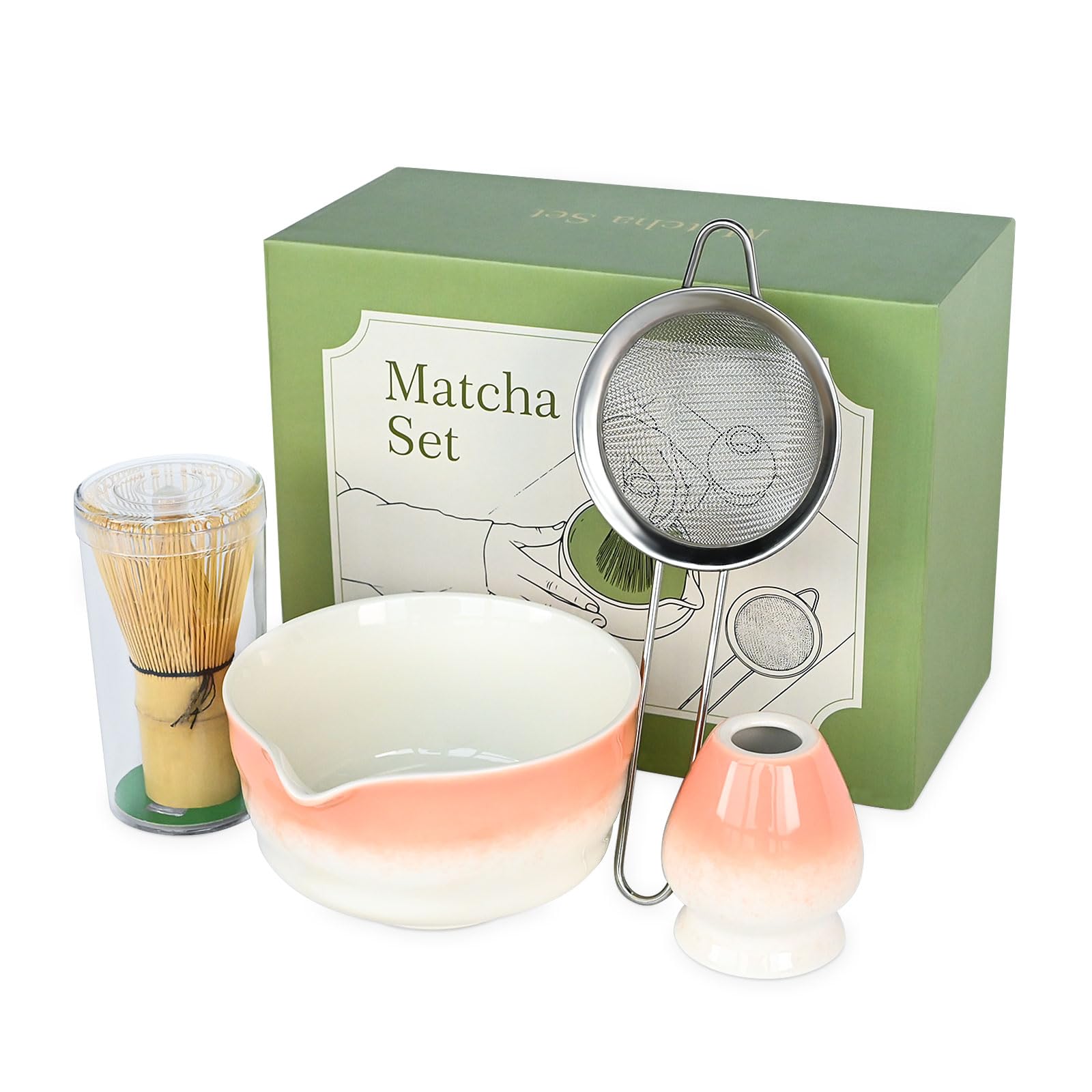 Pink Matcha Whisk Making Set - Japanese Tea Kit with Whisk Bowl and Bamboo Scoop Ceramic Chawan with Spout for Traditional Tea Ceremony Complete Matcha Making Tools Gift for Tea Lovers (Pink, 7 PCS)