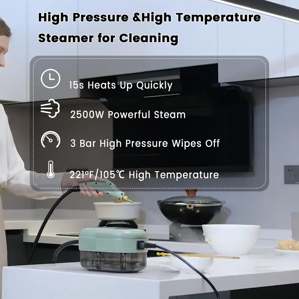 Steam Cleaner, Portable Pressurized Steamer for Cleaning with 14pcs Accessories, 6-Level Adjustable and 15s Heat-Up, Handheld Steam Cleaner for Home, Tile, Dirt, Grout, Grease, Car Detailing(7-Green)
