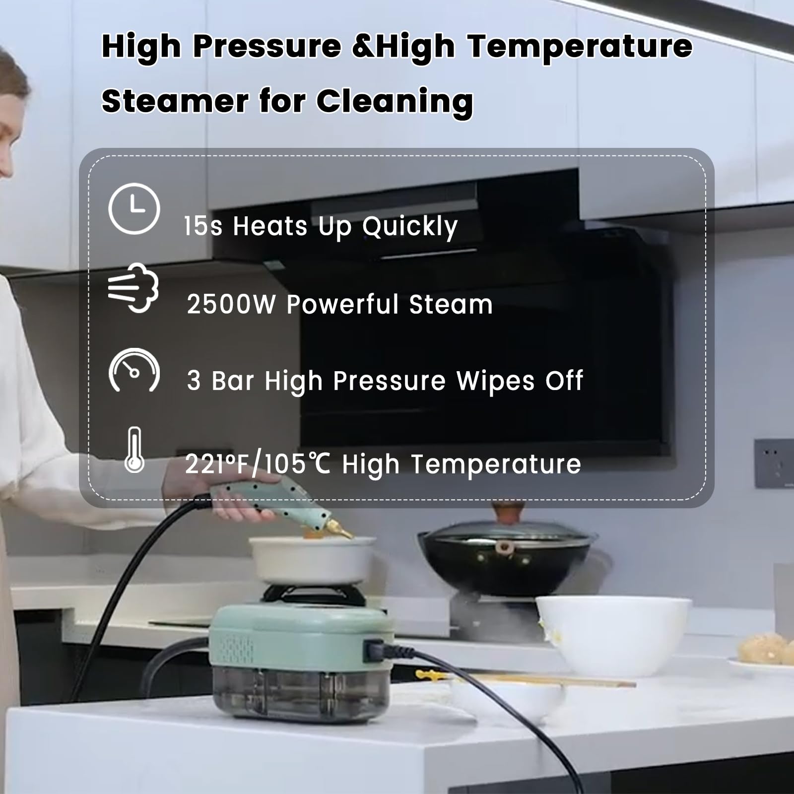 Steam Cleaner, Portable Pressurized Steamer for Cleaning with 14pcs Accessories, 6-Level Adjustable and 15s Heat-Up, Handheld Steam Cleaner for Home, Tile, Dirt, Grout, Grease, Car Detailing(7-Green)