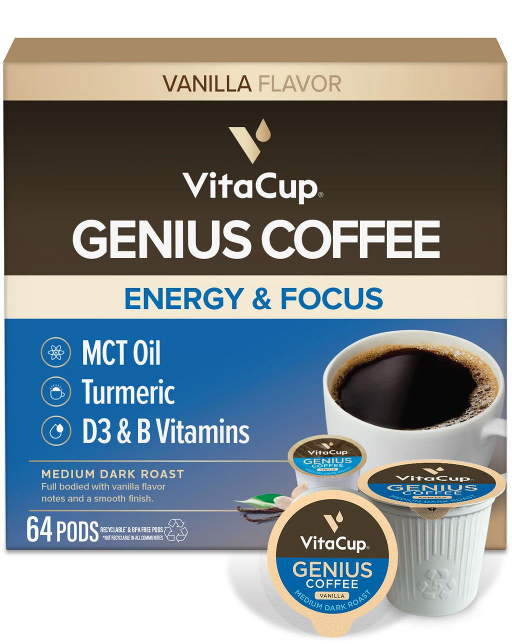 VitaCup Genius Vanilla Keto Medium Roast Coffee Pods, 64ct