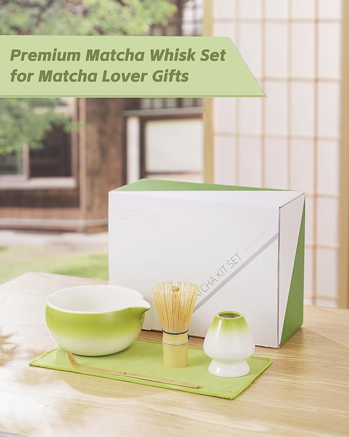 ZENS Matcha Whisk Set, 15oz Hand-Glazed Matcha Bowl with Spout and Bamboo Whisk, Whisk Holder (Chasen), Scoop & Tea Towel, 5pcs Matcha Tea Set Gift for Matcha Ceremony, Green