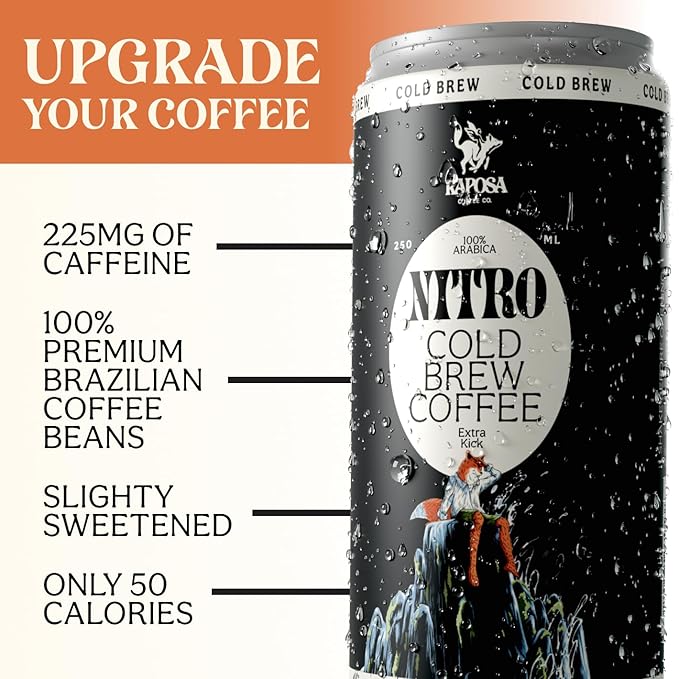 Raposa Nitro Cold Brew Ready to Drink Coffee 250ml - 8.45oz - Sweetened - Dairy Free - Vegan Cold Brew Ready to Drink, Non GMO, No Artificial Anything - 225mg Caffeine (Extra Kick (12 Pack))