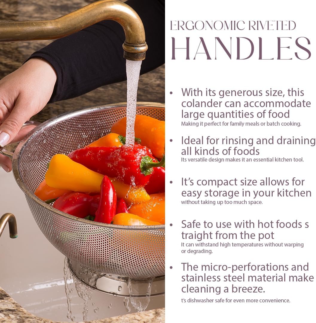 Bellemain Stainless Steel Colander for Kitchen, 5 Qt Pasta & Rice Strainer