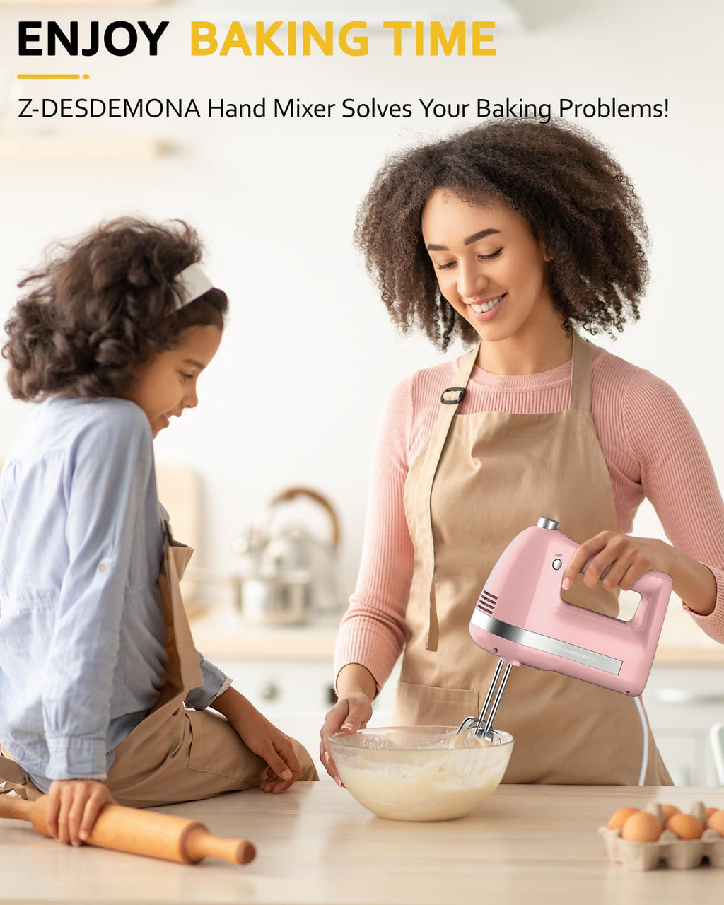 Z-DESDEMONA Electric Hand Mixer, Powerful Hand Mixer Electric Handheld with 304 Beaters, Dough Hook, Whisk, Hand Held Mixer with Turbo for Baking Cakes, Eggs, Cream Food(Pink)