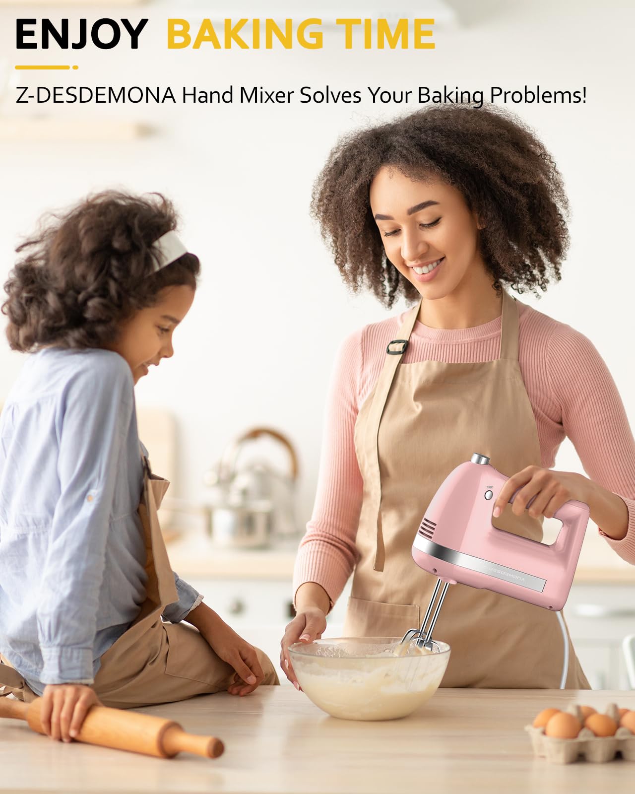 Z-DESDEMONA Electric Hand Mixer, Powerful Hand Mixer Electric Handheld with 304 Beaters, Dough Hook, Whisk, Hand Held Mixer with Turbo for Baking Cakes, Eggs, Cream Food(Pink)
