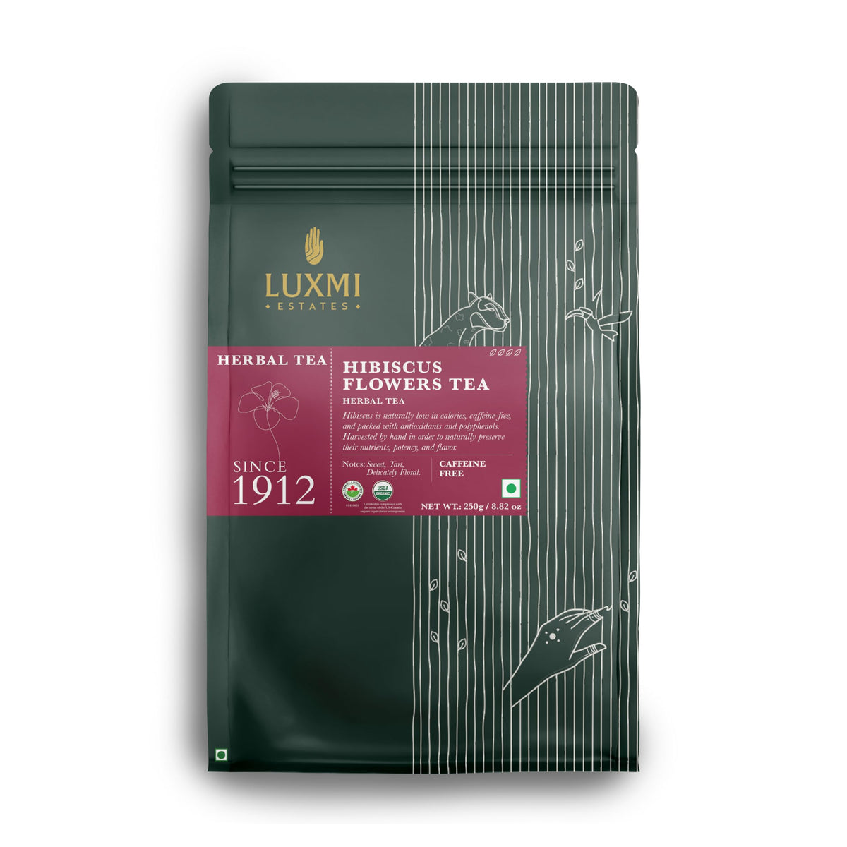 Luxmi Estates African Rose Hibiscus Tea | Loose Leaf, 50g (1.76oz, 25 Cups) | USDA Organic 8-Herb Floral Blend with Hibiscus, Rose Petals, Fennel, Cardamom, Chamomile, Star Anise & Cornflower, Caffeine-Free, Vegan