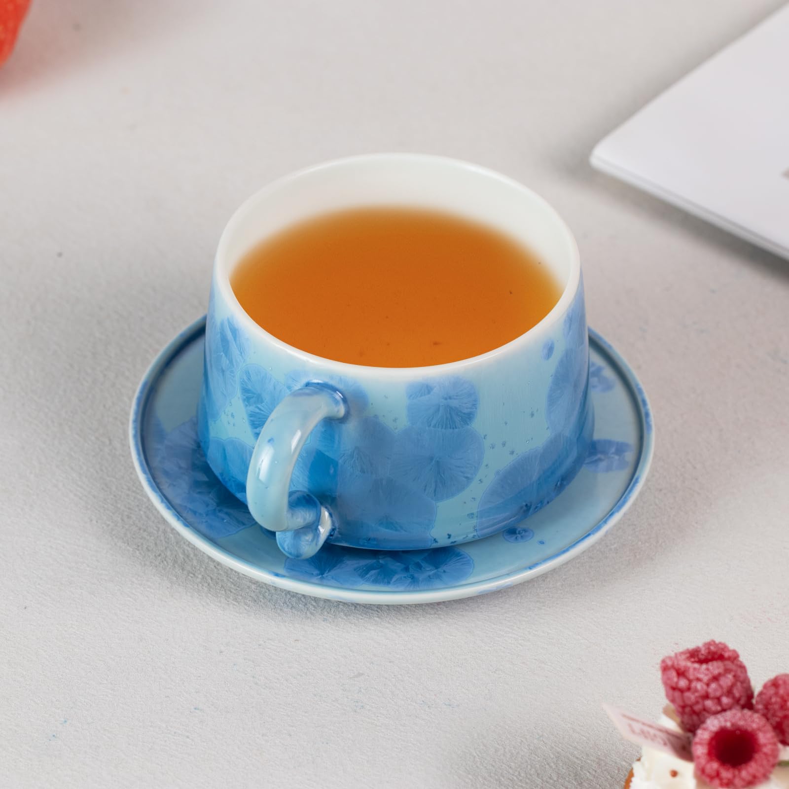 KAMMAK Tea Cups and Saucers Set of 2, 7.5 oz Glaze Coffee Mugs, 724N