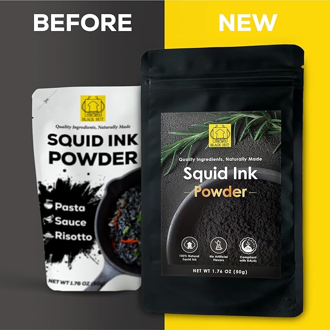 Black Hut Squid Ink Powder, Food Coloring for Rice Noodles Pasta Spaghetti Risotto, Nero Di Seppia, Tinta de Sepia, Halal Certificate, Contains Molluscs, 1.76oz / 50g (Pack of 1)