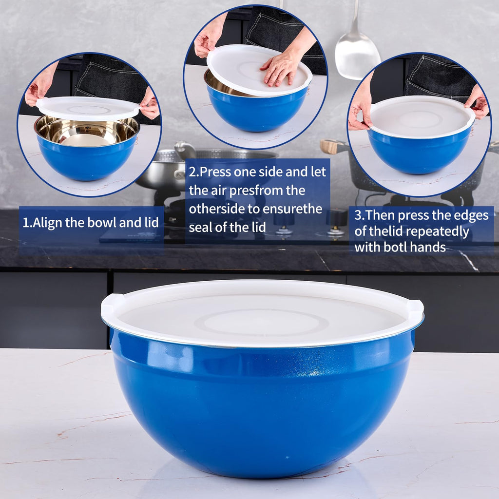 Onlycooker Blue Mixing Bowls With Airtight Lids,Stainless Steel Bowl,Salad Bowls 7 Piece Colorful Nesting Bowl Blue Kitchen Accessories,Size 7,3.6,2.7,2.1,1.5,1.1,0.8QT Stackable Design