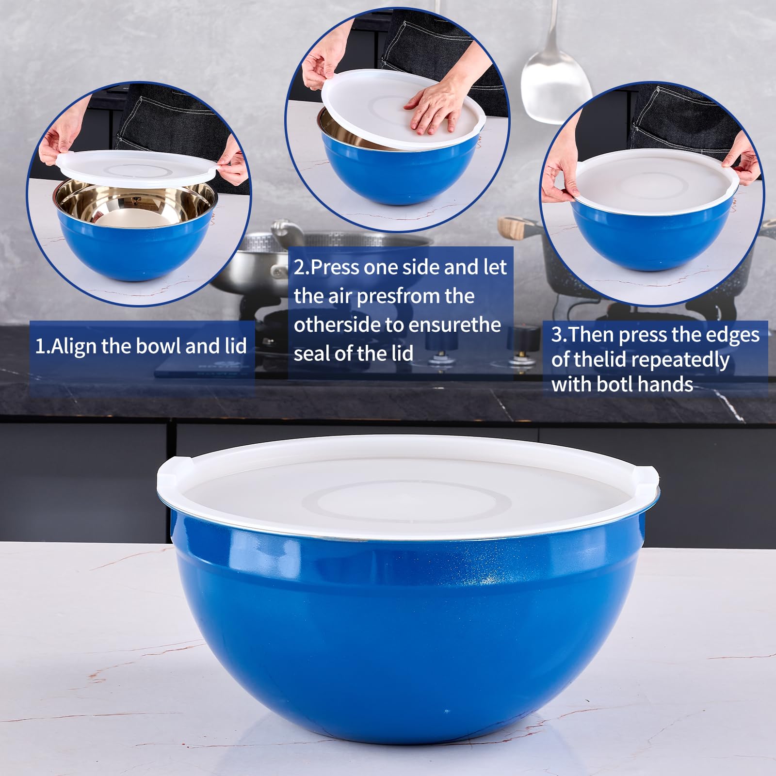 Onlycooker Blue Mixing Bowls With Airtight Lids,Stainless Steel Bowl,Salad Bowls 7 Piece Colorful Nesting Bowl Blue Kitchen Accessories,Size 7,3.6,2.7,2.1,1.5,1.1,0.8QT Stackable Design