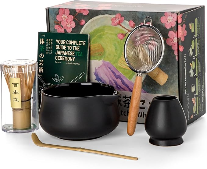 Nucookery Matcha Set - 5PCS Matcha Whisk Set, 18OZ Matcha Bowl (Chawan) with Spout, Matcha Whisk (Chasen) and Holder, Bamboo Matcha Scoop and Sifter, Matcha Kit/Tools/Accessories for Tea Ceremony