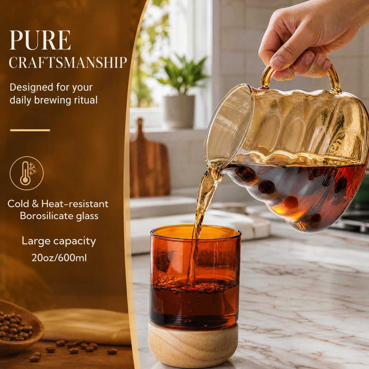 CHDEXU Pour Over Coffee Maker Set 20 oz, 600 ml Borosilicate Glass Coffee Server with Glass Lid, 50 pcs Paper Filter, Walnut Handle Pour Over Coffee Dripper for Home Café Restaurant, Gold