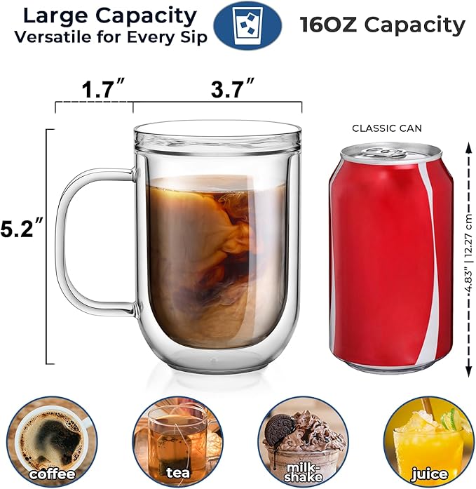 Aquach 16oz Double Walled Glass Coffee Mugs Set of 2, Insulated Teacups