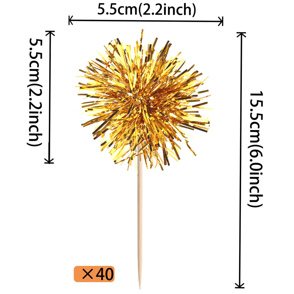 40 PCS Foil Firework Cupcake Toppers Fireworks Cupcake Picks Sparkle Tinsel Cake Decorations Cocktail Fruit Toothpick for Firework Theme Birthday Wedding Graduation Party Decorations Supplies Gold