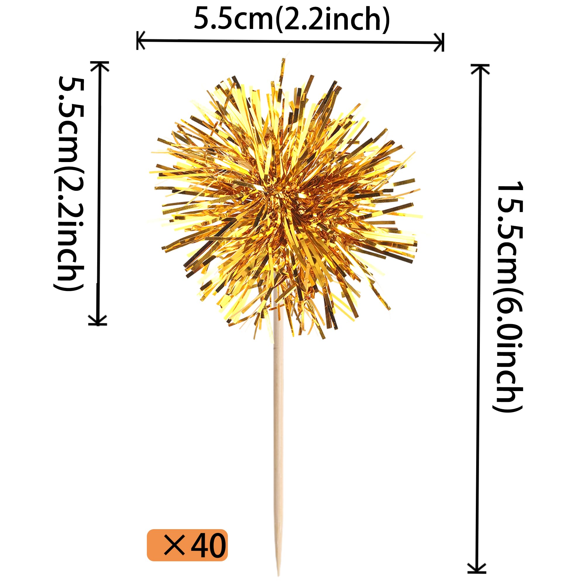 40 PCS Foil Firework Cupcake Toppers Fireworks Cupcake Picks Sparkle Tinsel Cake Decorations Cocktail Fruit Toothpick for Firework Theme Birthday Wedding Graduation Party Decorations Supplies Gold