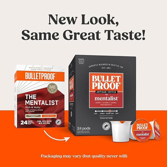 Bulletproof The Mentalist Medium-Dark Roast Single-Serve Pods, 24 Count, Clean Coffee Tested for Toxins, Packaging May Vary