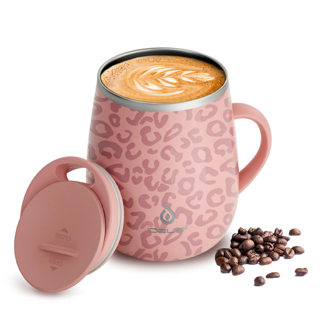 Ideus 16 oz (470 ml) Insulated Coffee Mug with Handle and Lid, Double Wall Stainless Steel Vacuum Thermal Coffee Mug, Travel Coffee Cup Thermal Cup for Home and Office, Leopard Pink