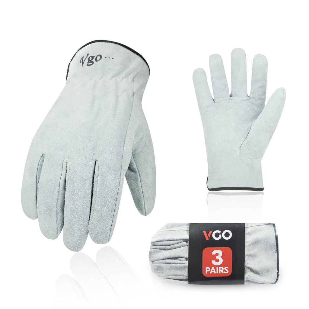 Vgo... 3-Pairs Unlined Cowhide Split Leather Work and Driver Gloves, for Heavy Duty, Truck Driving, Warehouse, Gardening, Farm (Size XL, White, CB9501)