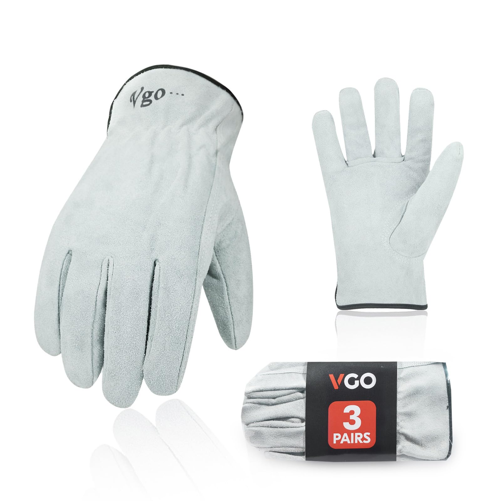 Vgo... 3-Pairs Unlined Cowhide Split Leather Work and Driver Gloves, for Heavy Duty, Truck Driving, Warehouse, Gardening, Farm (Size XL, White, CB9501)