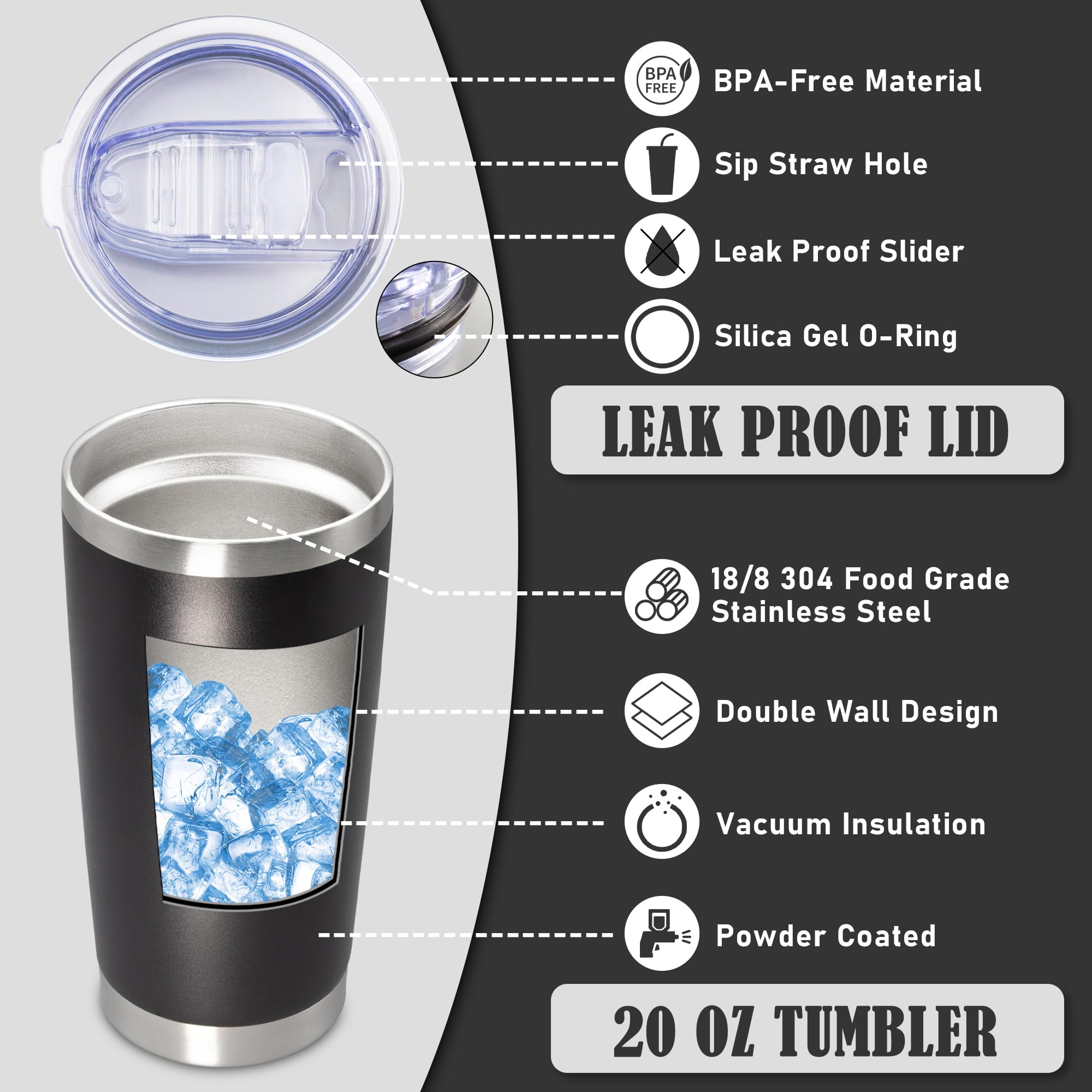 20oz Tumbler Insulated Coffee Tumblers with Lid Stainless Steel Black 8P