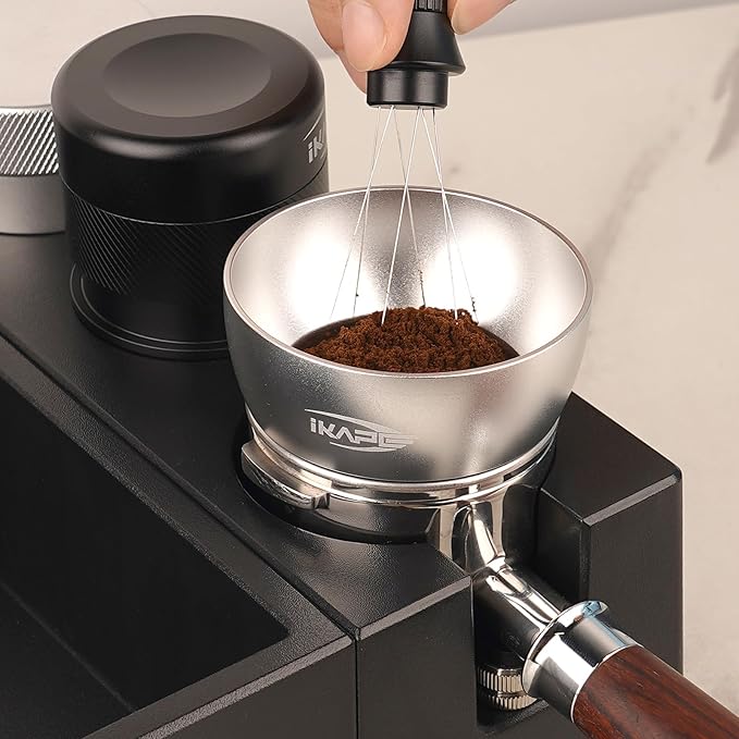 IKAPE Magnetic Dosing Funnel Set, 53MM Espresso Dosing Ring & Puck Screen Kit Compatible with Delonghi 54MM Bottomless Portafilter - with 8 Small Magnet (Silver)