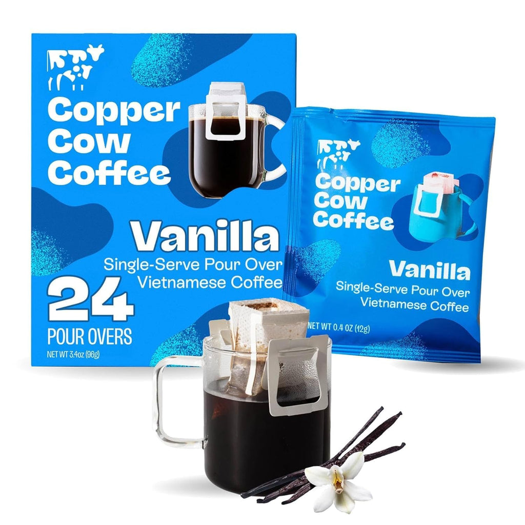 Copper Cow Coffee Premium Pour Over Single-Serve Vietnamese Coffee Pouches (24 pack) | Vanilla | Dark Roast | Flavored with Vanilla Beans | Convenient Vietnamese Ground Coffee Packets, Travel Friendly