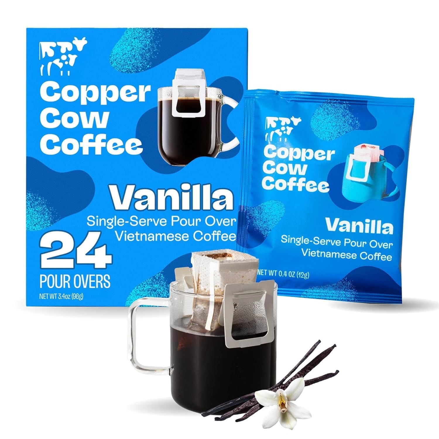 Copper Cow Coffee Premium Pour Over Single-Serve Vietnamese Coffee Pouches (24 pack) | Vanilla | Dark Roast | Flavored with Vanilla Beans | Convenient Vietnamese Ground Coffee Packets, Travel Friendly
