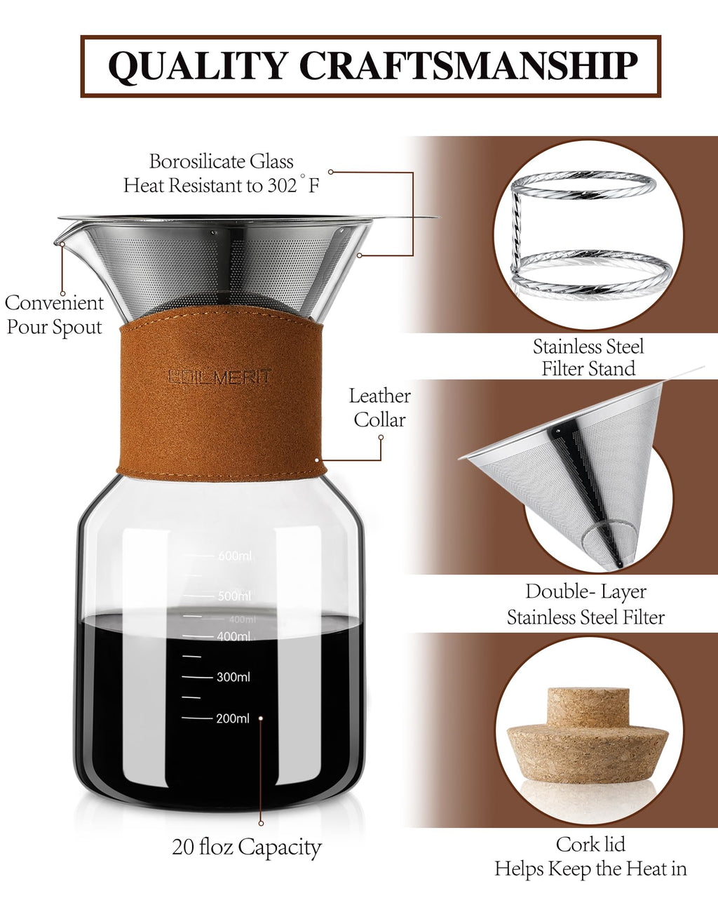 Pour Over Coffee Maker with Double-Layer Stainless Steel Filter, 20 oz Pour Over Coffee Dripper, Glass Carafe with Vintage Leather Collar and Cork Lid & Filter Stand for Espresso