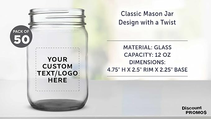 DISCOUNT PROMOS Custom Decorating Mason Jars 12 oz. Set of 50, Personalized Bulk Pack - Glass Jars for Overnight Oats, Candies, Fruits, Pickles, Spices, Beverages - Black