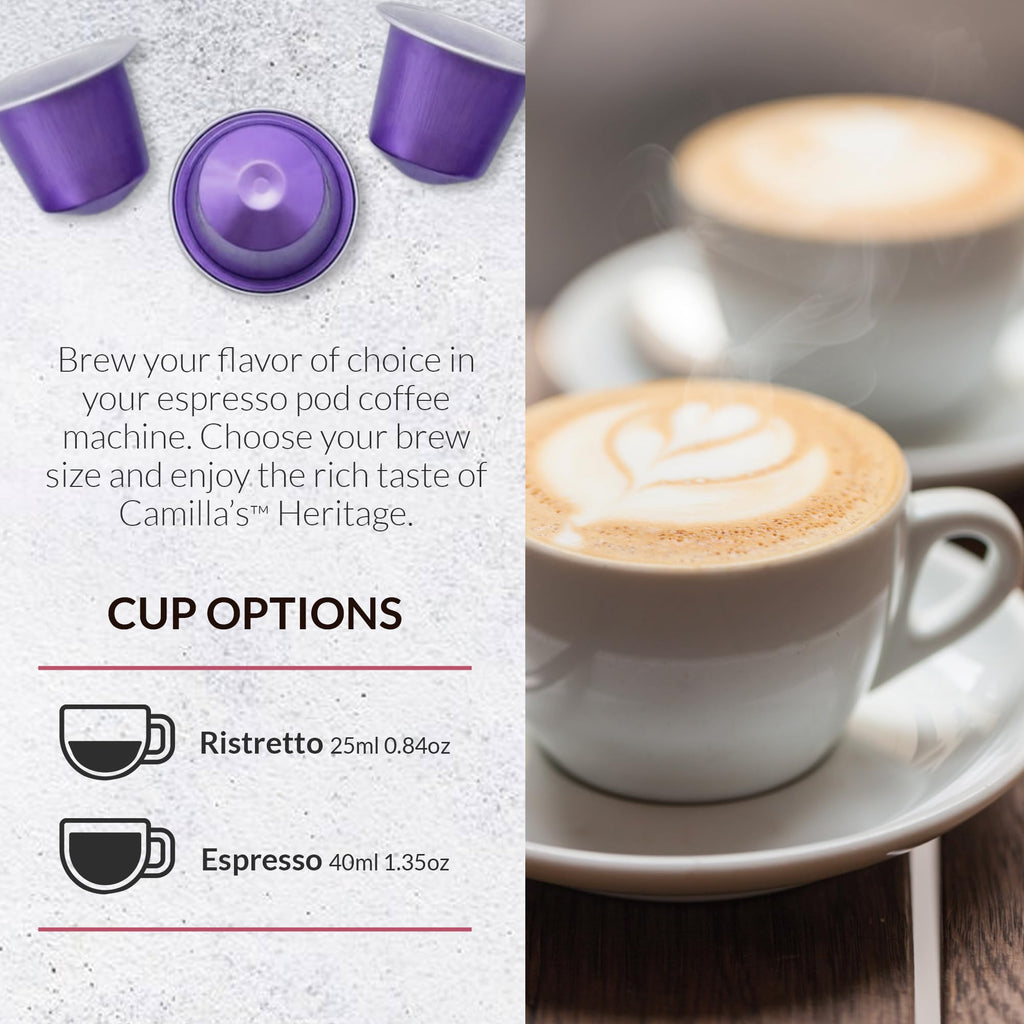 Camilla’s Heritage - Intensity 8 Caribbean Spice Flavored Espresso Coffee, Gourmet Espresso Cups, 60 Coffee Pods