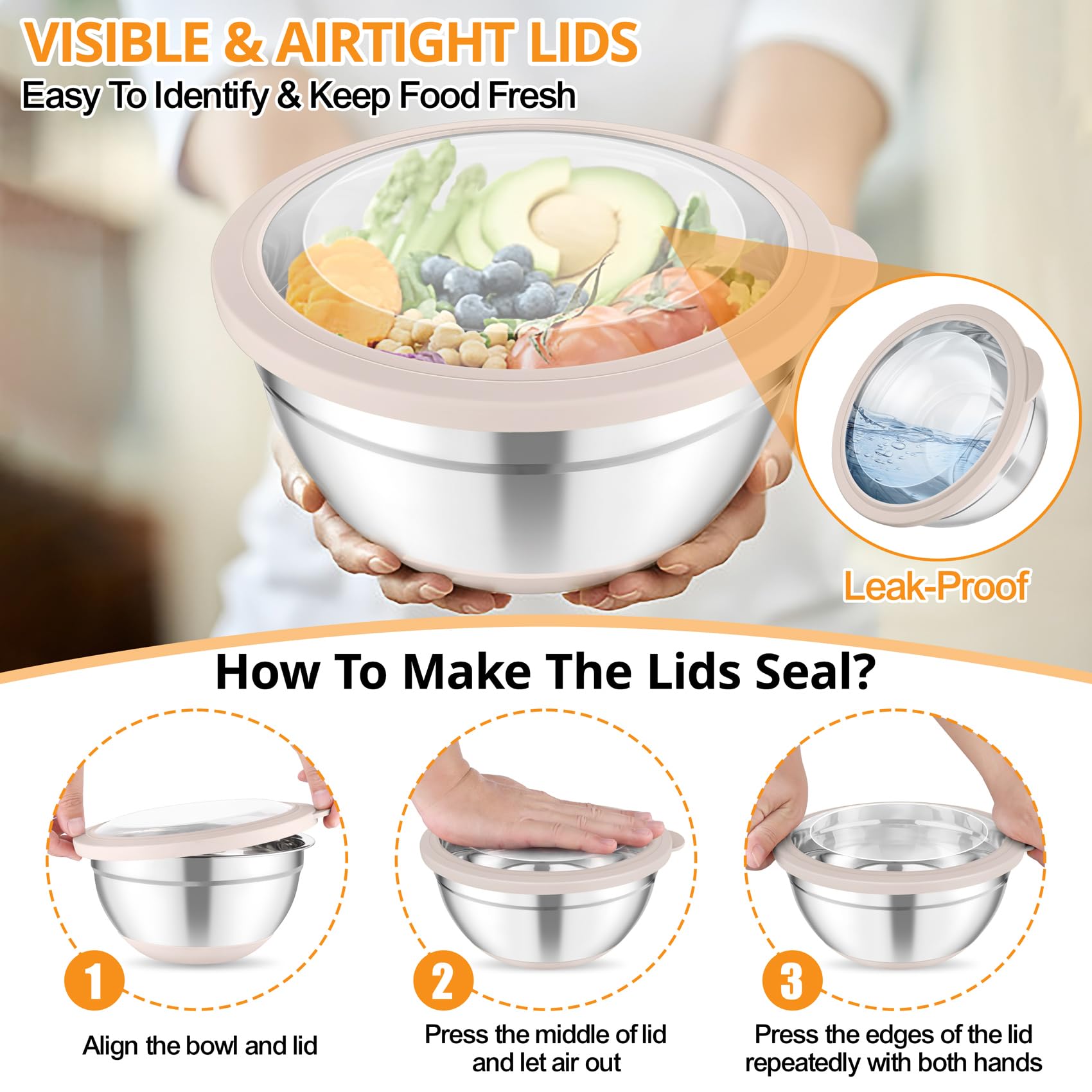 TeamFar Mixing Bowls, Salad Bowls with Transparent Airtight Lids, Khaki