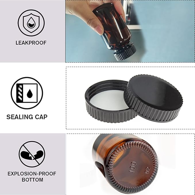 Wide Mouth Packer Bottle, Amber Glass, 120 ML (4 OZ) Capacity with 38-400 Black Polyethylene Screw Cap Lined PE Septa, Package of 24 Units
