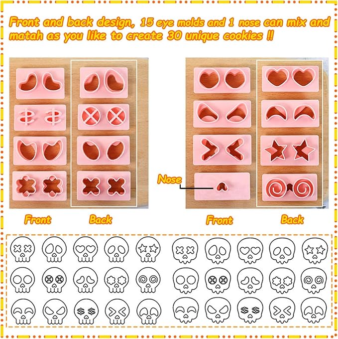 Mini Skull Cookie Cutter Set, Interchangeable DIY Halloween & Día de los Muertos Biscuit Stamps, 3D Raised Design Molds for Cookie Decorating, Cupcakes, Day of the Dead Pastries & Party Treats