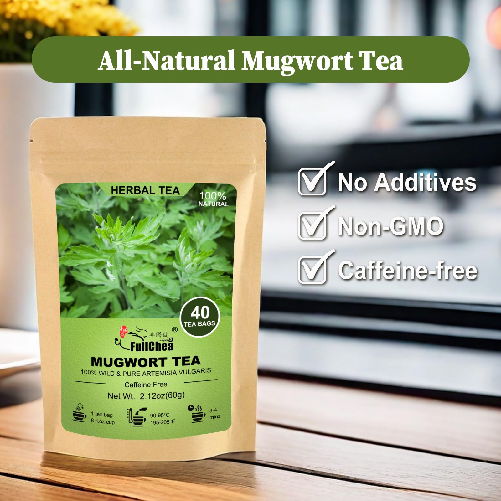FullChea - Mugwort Tea Bags, 40 Count, Dried Mugwort Leaves