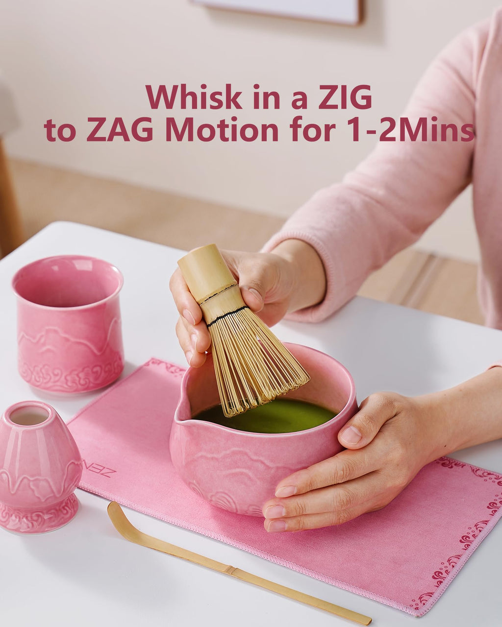 ZENS Premium Matcha Whisk Set with Blooming Cup, 7pcs Matcha Set, Pink