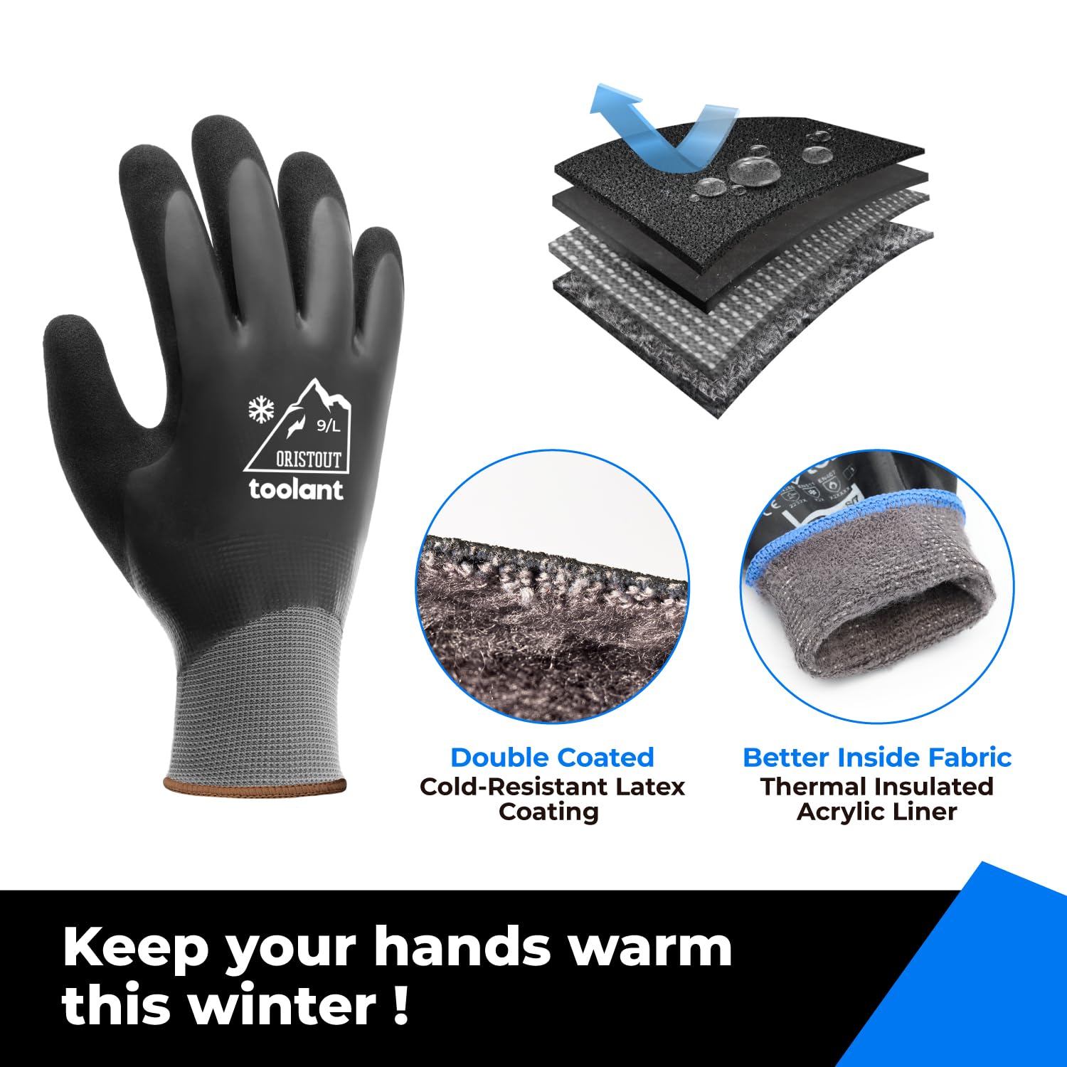 OriStout Waterproof Winter Work Gloves for Men and Women, 2 Pairs, Grey, M