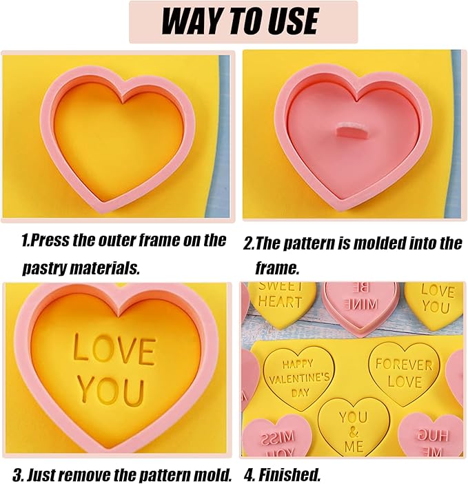 Heart Cookie Cutter Set, 10 Pcs 3D Pressable Biscuit Cutter and Stamps, Valentine's Day Cookie Molds Wedding Party DIY Cake Decorating Kit (B10)