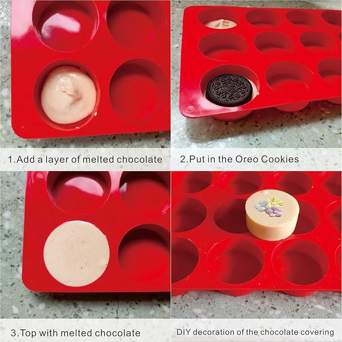 3Pcs Oreo Cookie Chocolate Silicone Molds, 12-Cavity Round Chocolate Cookie pans for Candy, Silicone Baking Molds for Mini Cakes, Jelly and Muffin Baking (red)