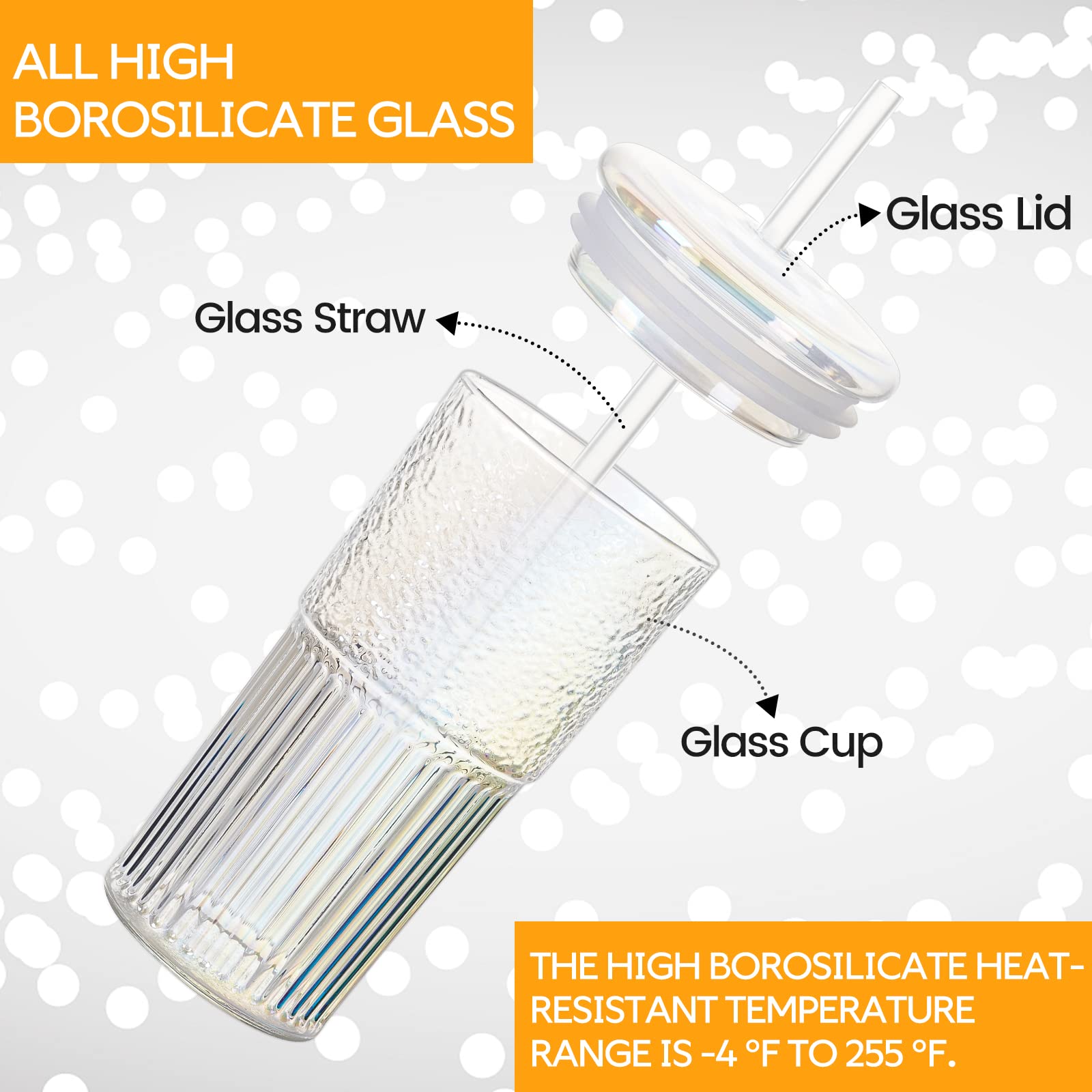 QWEZXO Colorful High Borosilicate Glass Cups With Lids and Glass Straws，20 OZ Rainbow Iced Coffee Water Tumbler Smoothie