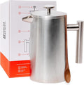 Barista Warrior French Press Coffee Maker - Double-Wall Stainless Steel Insulated French Press with Built-In Thermometer, Dual Filters Coffee Maker with Wooden Spoon - Silver