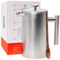 Barista Warrior French Press Coffee Maker - Double-Wall Stainless Steel Insulated French Press with Built-In Thermometer, Dual Filters Coffee Maker with Wooden Spoon - Silver