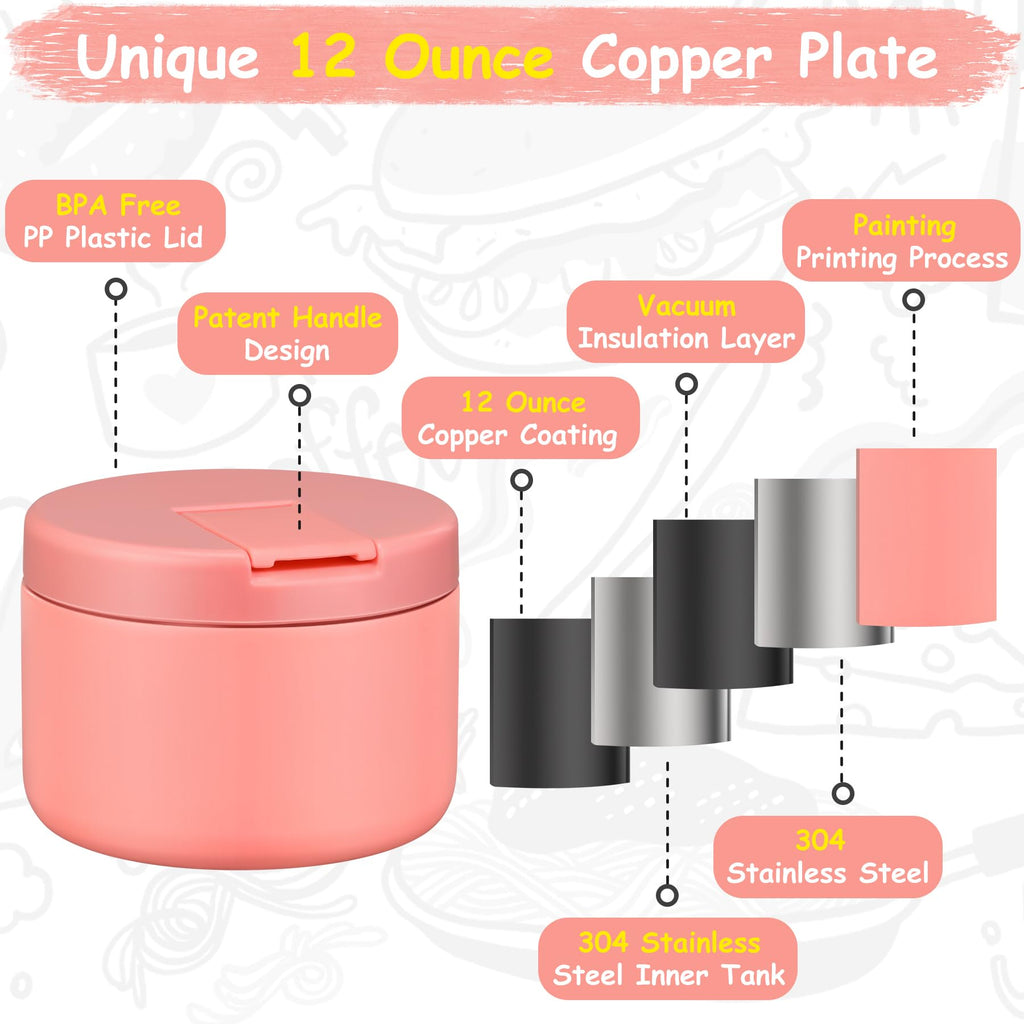 Pawtong 12oz Insulated Vacuum Food Jar with Buckle Lid Wide Mouth Soup Thermo for Hot Food Kids Leakproof Stainless Steel Lunch Container- Pink- 1Pack