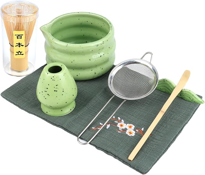 Goldmeet Matcha Set 7 Pcs Matcha Green - Japanese Tea Ceremony Kit with Bowl, Whisk, Holder, Scoop, Strainer - Matcha Gift Set