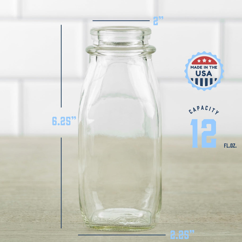 kitchentoolz 12 Oz Square Glass Milk Bottles with Lids (4 Pack) – Reusable Glass Creamer Bottles for Milk, Juice, and More – Includes Tamper-Proof Caps and One Silicone Pour Spout