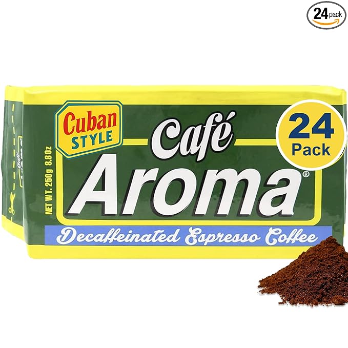 Café Aroma Decaf Dark Roast Espresso Ground Coffee, Authentic Cuban Style Coffee, Vacuum Sealed, 8.8oz, Perfect for Hot and Iced Coffee, 24-Pack