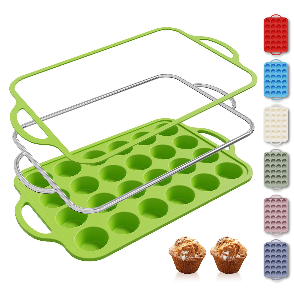 2 Packs 12 Cups Silicone Muffin Pan for Baking with Metal Reinforced Frame Regular Size Cupcake Pan Tray Chocolate Egg Pizza Bites Oven Top Cookie Molds Muffin Tin Tart Pans Sheet Set Bakeware Liner