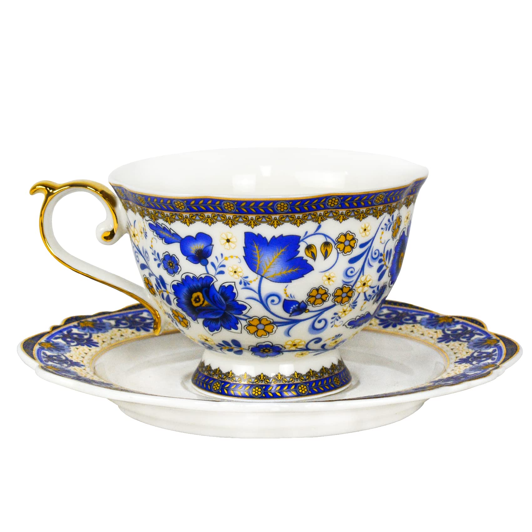 ACMLIFE Bone China Tea Cups and Saucers, 6.8 oz Tea Cup and Saucer Set, with Gold Trim and Gift Box, Blue and White (Blue-D)