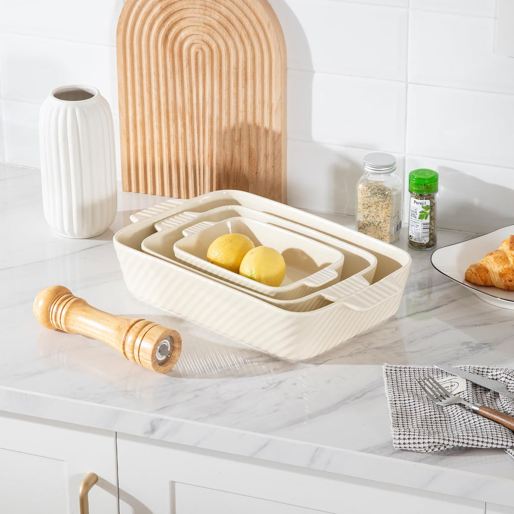 Sweejar Ceramic Baking Dish Set, Cake Baking Dish for Brownie, Porcelain Striped Casserole Dishes for Oven with Handle for Lasagna, Family Dinner(Beige)